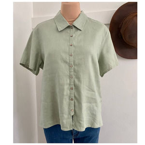 J Jill 100% Linen Sage Green Short Sleeve Shirt M